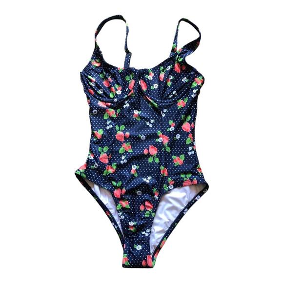 Modcloth NIP Brandy Underwire Blue Fruit Polka Dots Print One-Piece Swimsuit XS - Picture 3 of 12